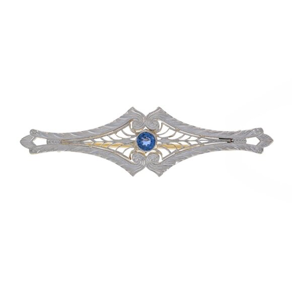 Jewelry - White Gold Sapphire Art Deco Bar Brooch - 14k Round .24ct Vintage Milgrain Pin